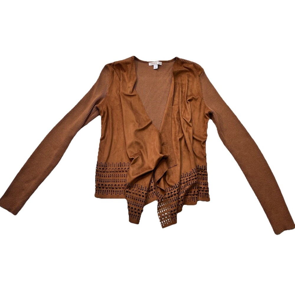 Westport 1962 Women’s Cardigan L Brown Faux Suede Laser Cut Hem Open Front Boho
